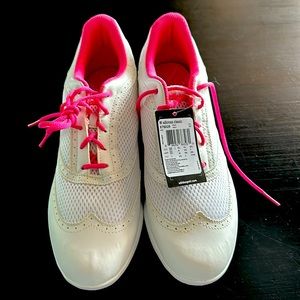 Ladies Adidas Golf Shoes. White with pink accents. Size 10 medium. New in box.